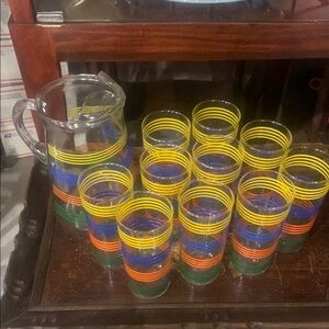 Anchor Hocking Colorful Striped Glass Pitcher and 10 Large Tumbler Set